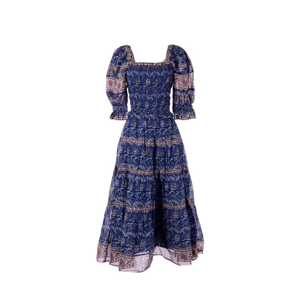 NWT Sea Rosita in Blue Cotton Smocked Puff-Sleeve Tiered Midi Dress XS $395 - Picture 9 of 10